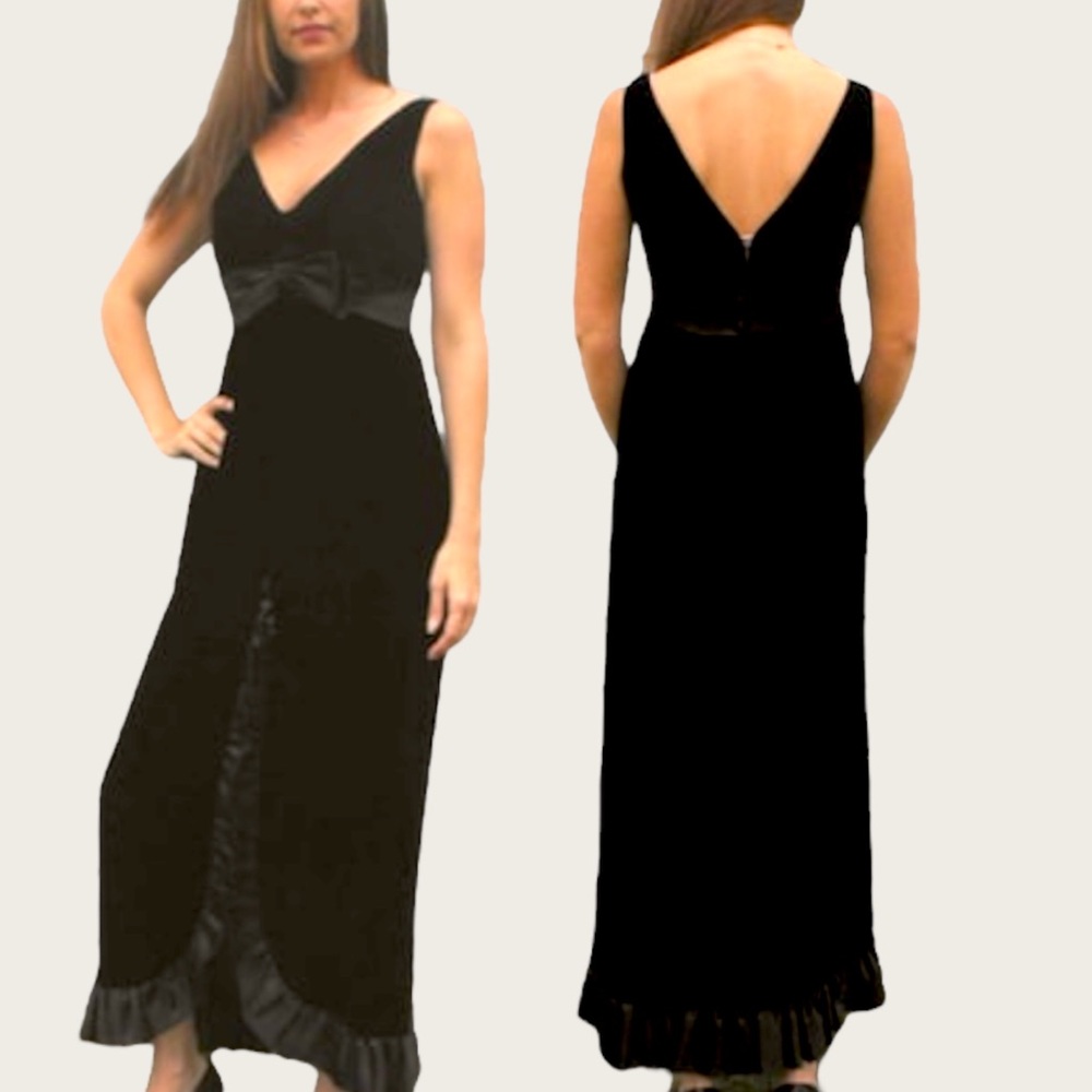 60s Black Velvet Dress Long Sleeveless Formal S